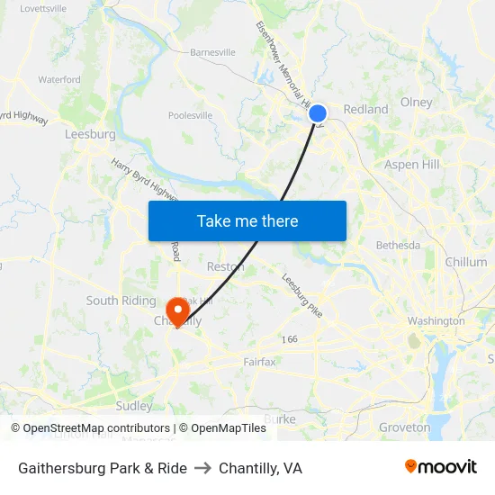 Gaithersburg Park & Ride to Chantilly, VA map