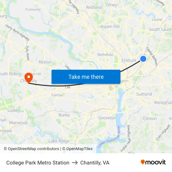 College Park Metro Station to Chantilly, VA map