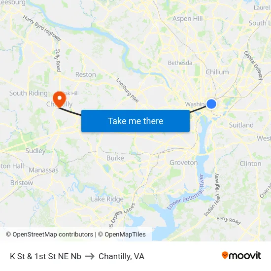 K St & 1st St NE Nb to Chantilly, VA map