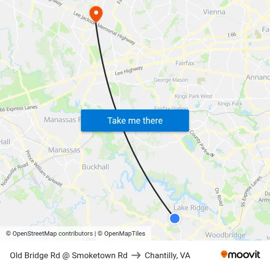 Old Bridge Rd @ Smoketown Rd to Chantilly, VA map