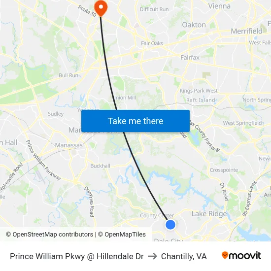 Prince William Pkwy @ Hillendale Dr to Chantilly, VA map