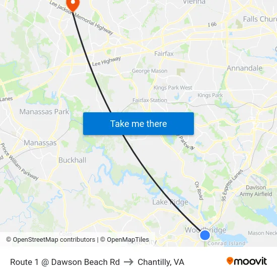 Route 1 @ Dawson Beach Rd to Chantilly, VA map