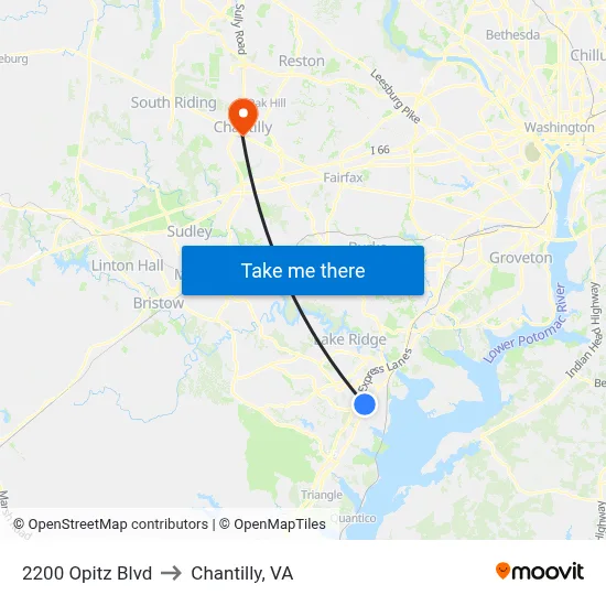 2200 Opitz Blvd to Chantilly, VA map