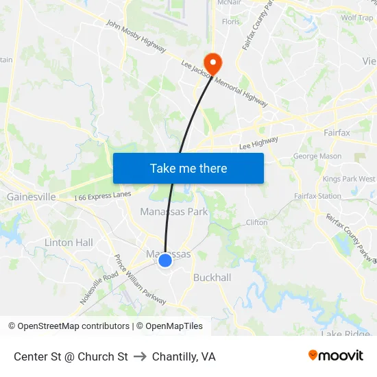 Center St @ Church St to Chantilly, VA map