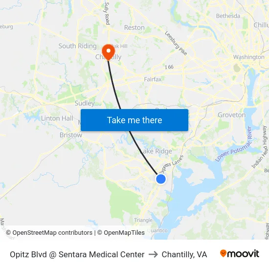 Opitz Blvd @ Sentara Medical Center to Chantilly, VA map