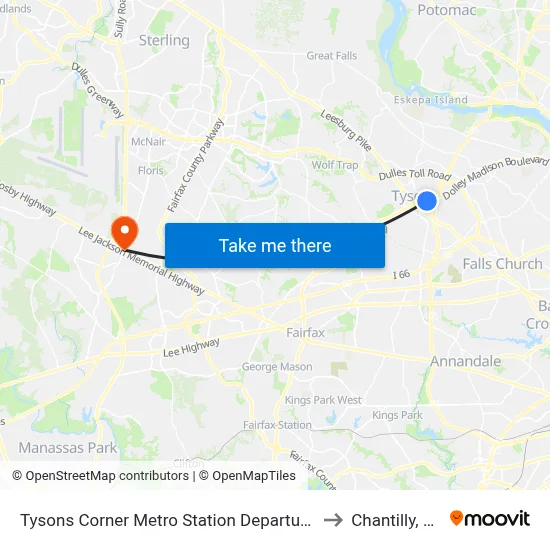 Tysons Corner Metro Station Departures to Chantilly, VA map