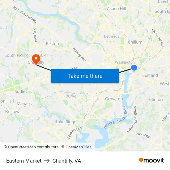 Eastern Market to Chantilly, VA map