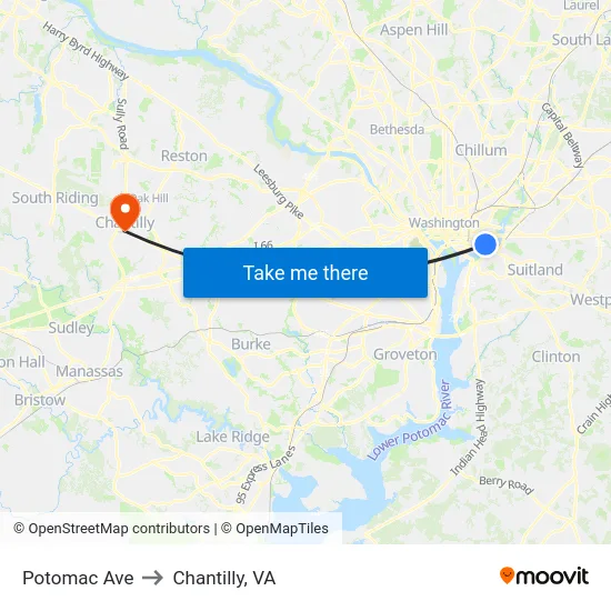 Potomac Ave to Chantilly, VA map