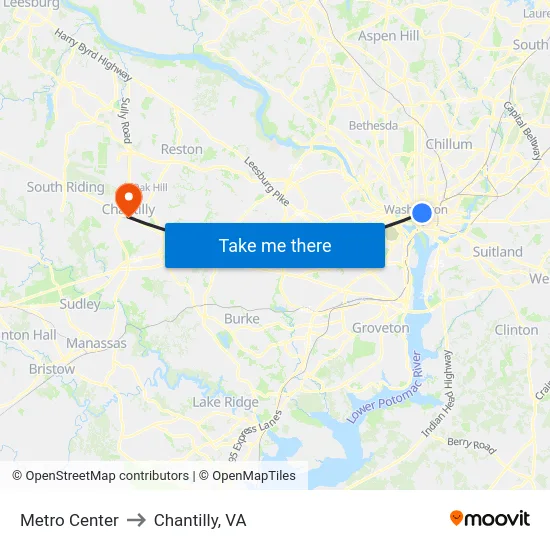 Metro Center to Chantilly, VA map