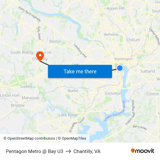 Pentagon Metro @ Bay U3 to Chantilly, VA map