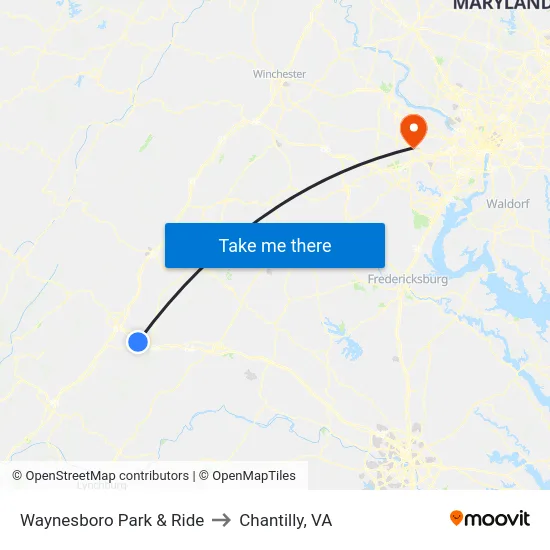 Waynesboro Park & Ride to Chantilly, VA map