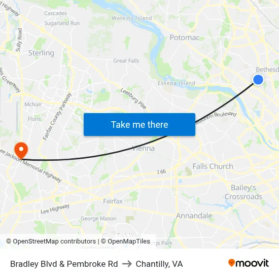 Bradley Blvd & Pembroke Rd to Chantilly, VA map