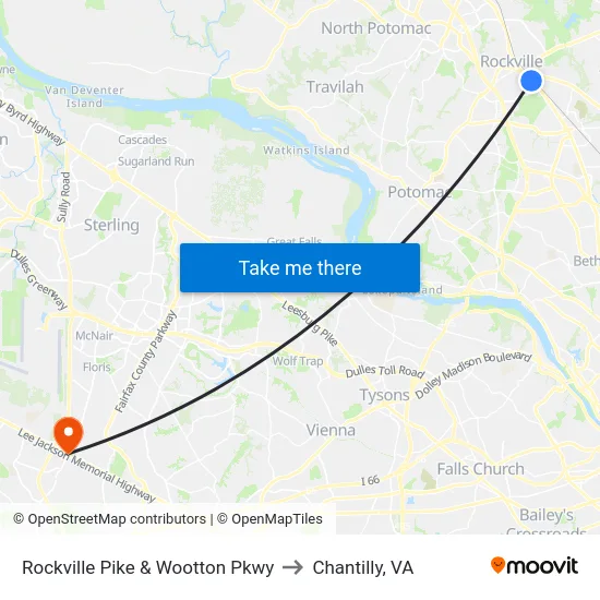 Rockville Pike & Wootton Pkwy to Chantilly, VA map