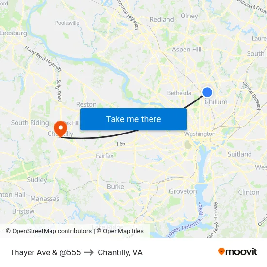 Thayer Ave & @555 to Chantilly, VA map
