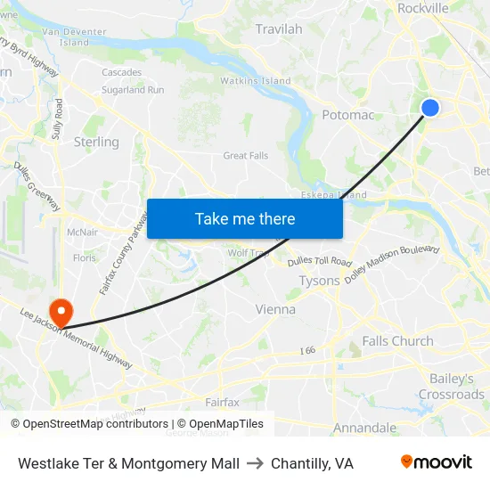 Westlake Ter & Montgomery Mall to Chantilly, VA map