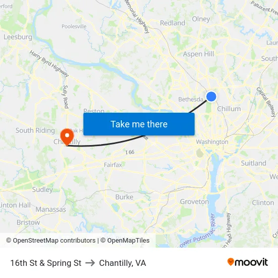 16th St & Spring St to Chantilly, VA map