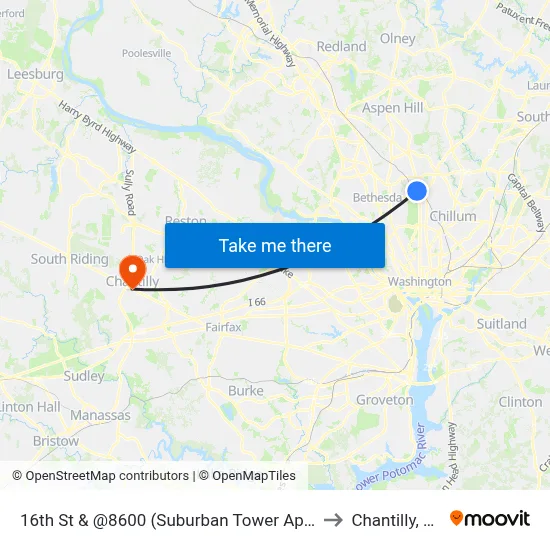 16th St & @8600 (Suburban Tower Apts) to Chantilly, VA map