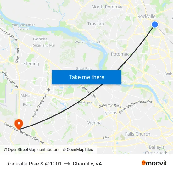 Rockville Pike & @1001 to Chantilly, VA map