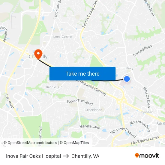 Inova Fair Oaks Hospital to Chantilly, VA map