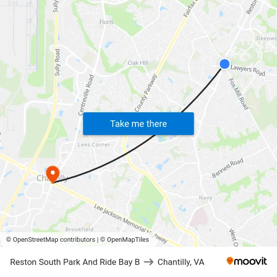 Reston South Park And Ride Bay B to Chantilly, VA map
