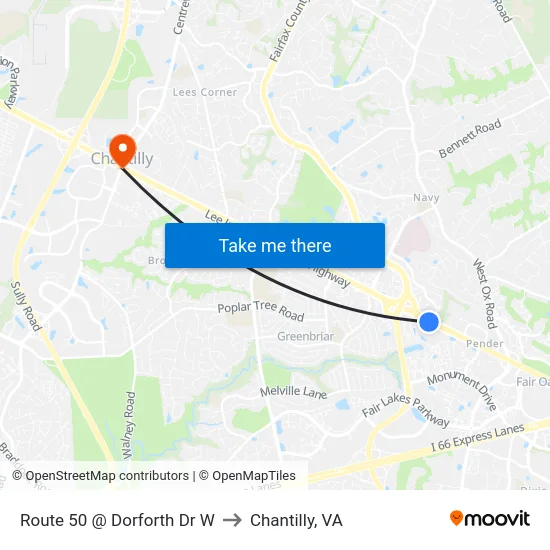 Route 50 @ Dorforth Dr W to Chantilly, VA map