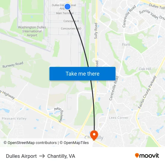 Dulles Airport to Chantilly, VA map