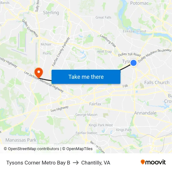 Tysons Corner Metro Bay B to Chantilly, VA map