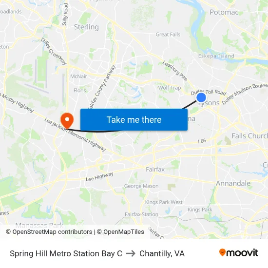 Spring Hill Metro Station Bay C to Chantilly, VA map