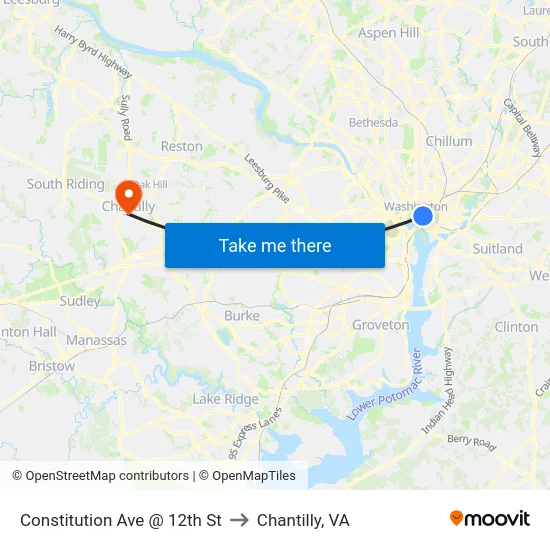 Constitution Ave @ 12th St to Chantilly, VA map
