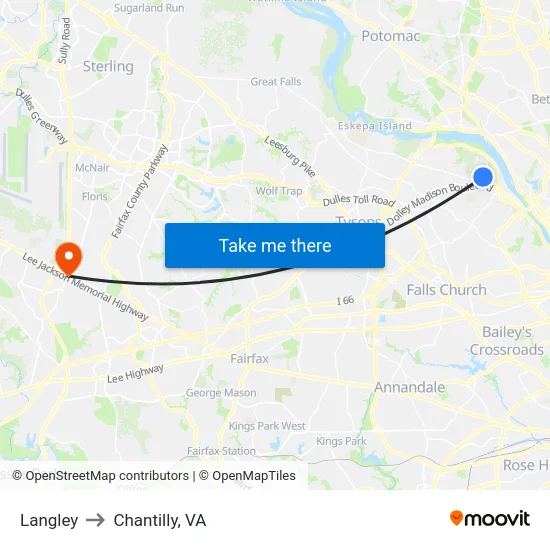 Langley to Chantilly, VA map