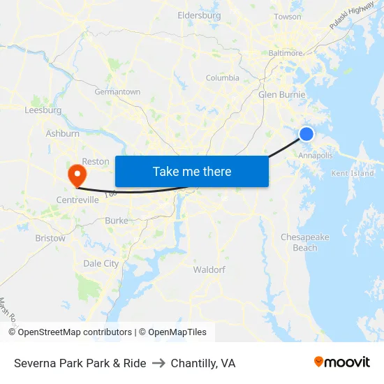 Severna Park Park & Ride to Chantilly, VA map
