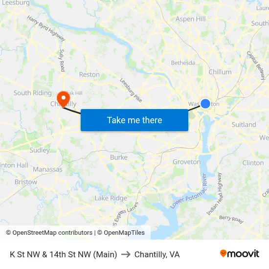 K St NW & 14th St NW (Main) to Chantilly, VA map
