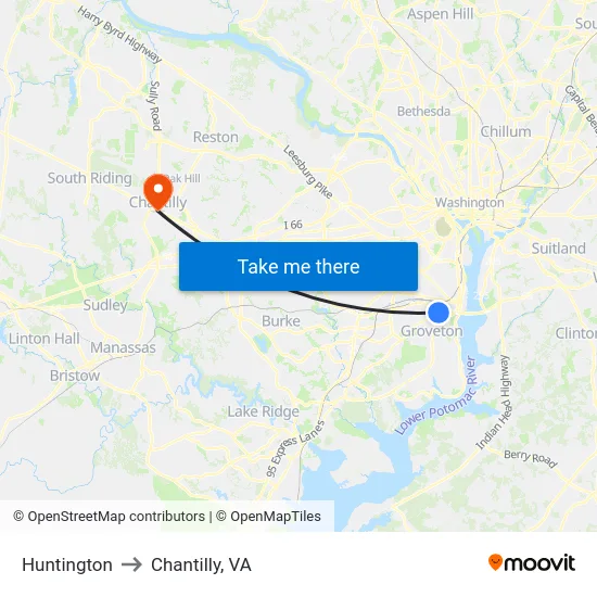 Huntington to Chantilly, VA map