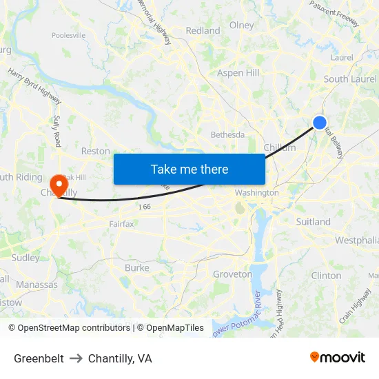 Greenbelt to Chantilly, VA map