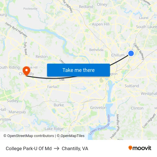 College Park-U Of Md to Chantilly, VA map