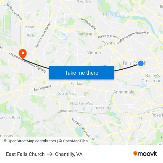 East Falls Church to Chantilly, VA map