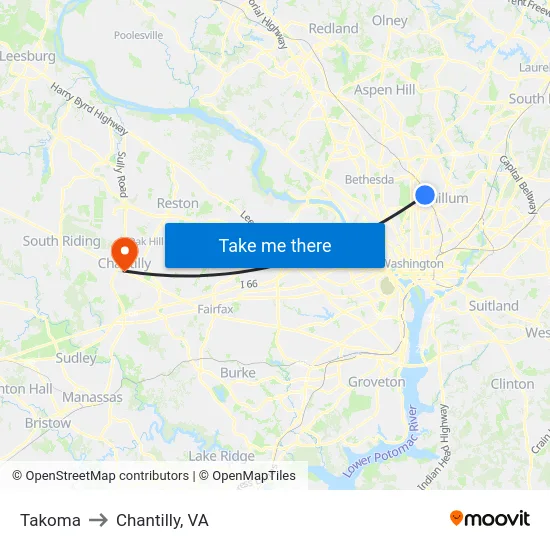 Takoma to Chantilly, VA map