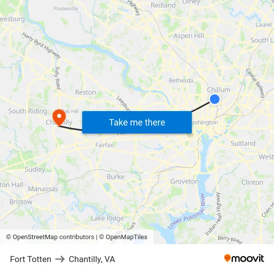 Fort Totten to Chantilly, VA map