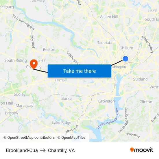 Brookland-Cua to Chantilly, VA map