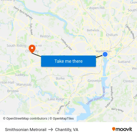 Smithsonian Metrorail to Chantilly, VA map