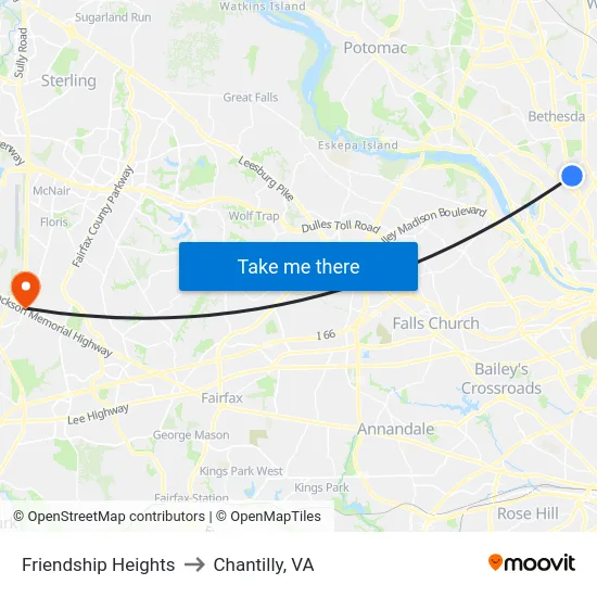 Friendship Heights to Chantilly, VA map