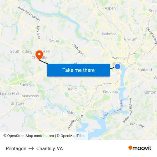 Pentagon to Chantilly, VA map