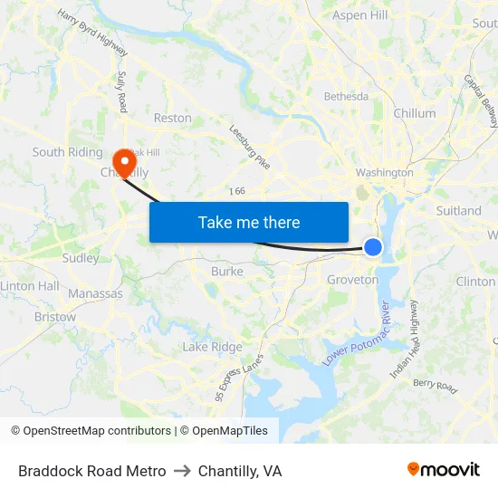 Braddock Road Metro to Chantilly, VA map