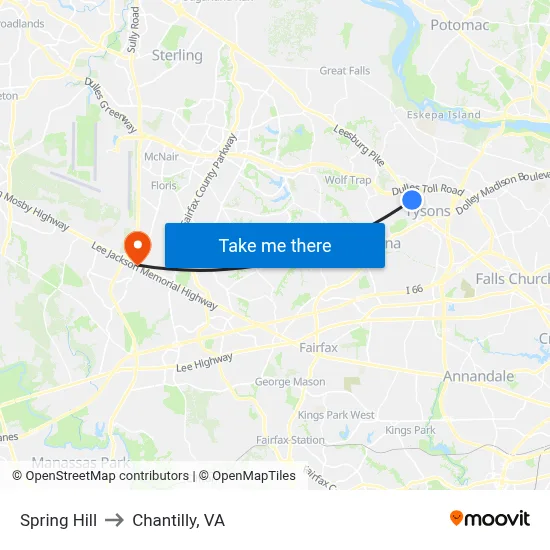 Spring Hill to Chantilly, VA map