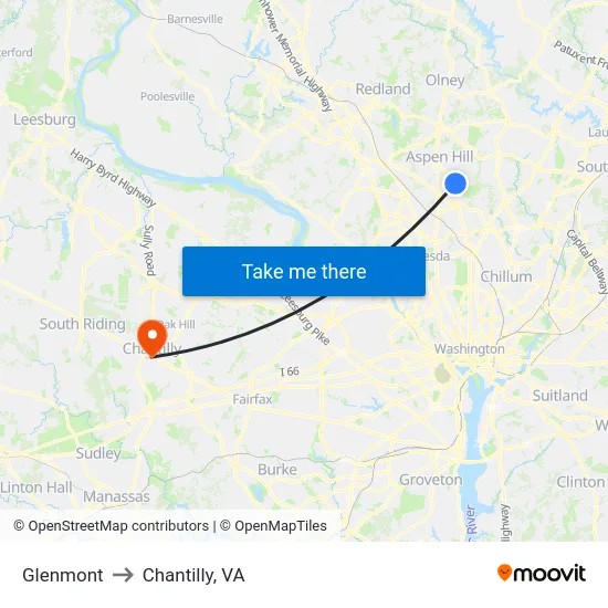 Glenmont to Chantilly, VA map
