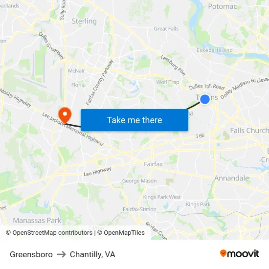 Greensboro to Chantilly, VA map