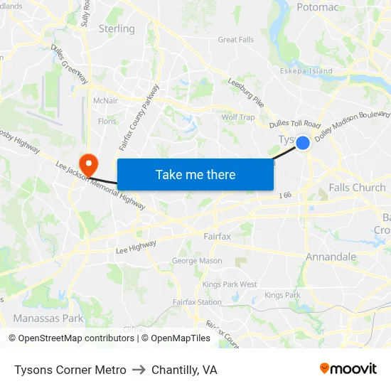 Tysons Corner Metro to Chantilly, VA map