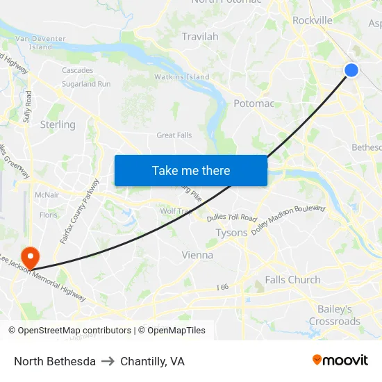North Bethesda to Chantilly, VA map