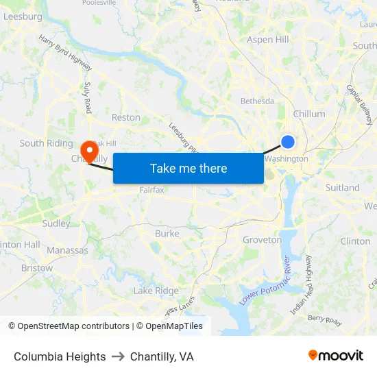Columbia Heights to Chantilly, VA map