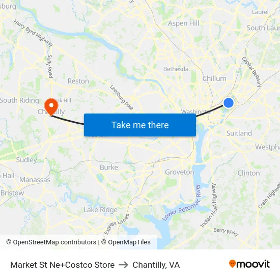 Market St Ne+Costco Store to Chantilly, VA map